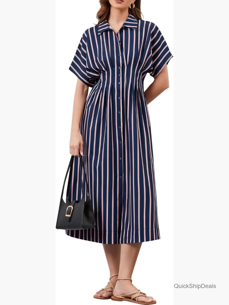 Striped Button Front Pleated Maxi Shirt Dress V-Neck Short Sleeve Corset Summer